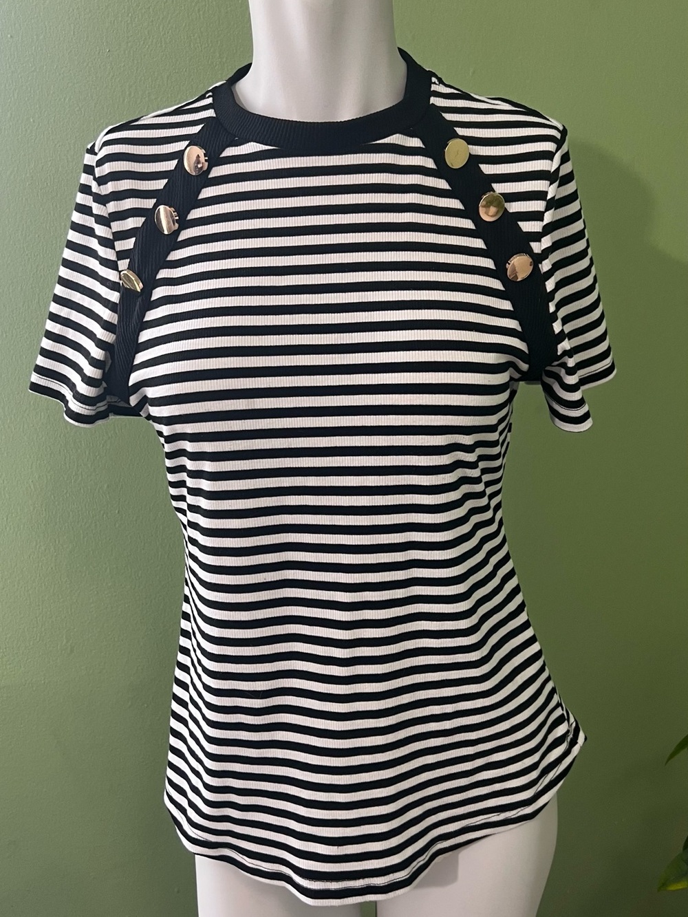 SHEIN Black & White Striped Short Sleeve Top with Gold Buttons